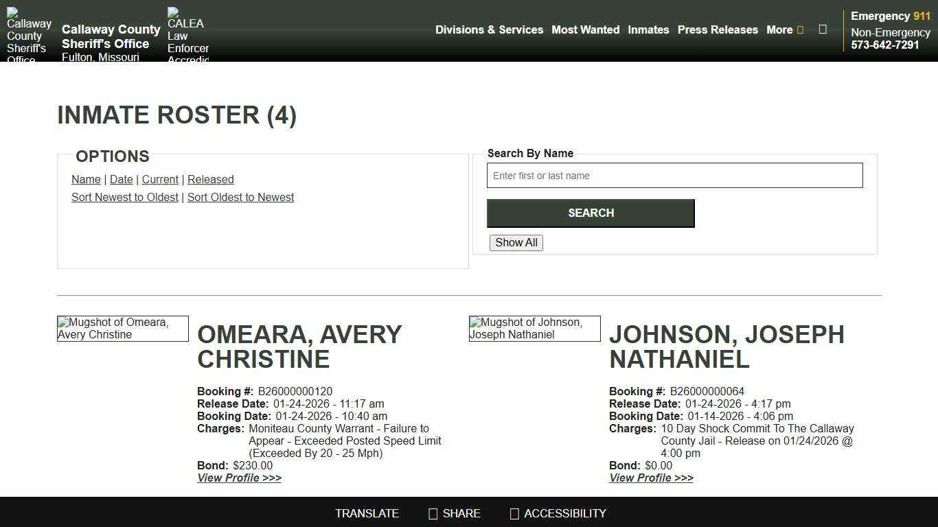 Inmate Roster - Page 1 Released Inmates Booking Date Ascending - Callaway County Sheriff's Office, Missouri