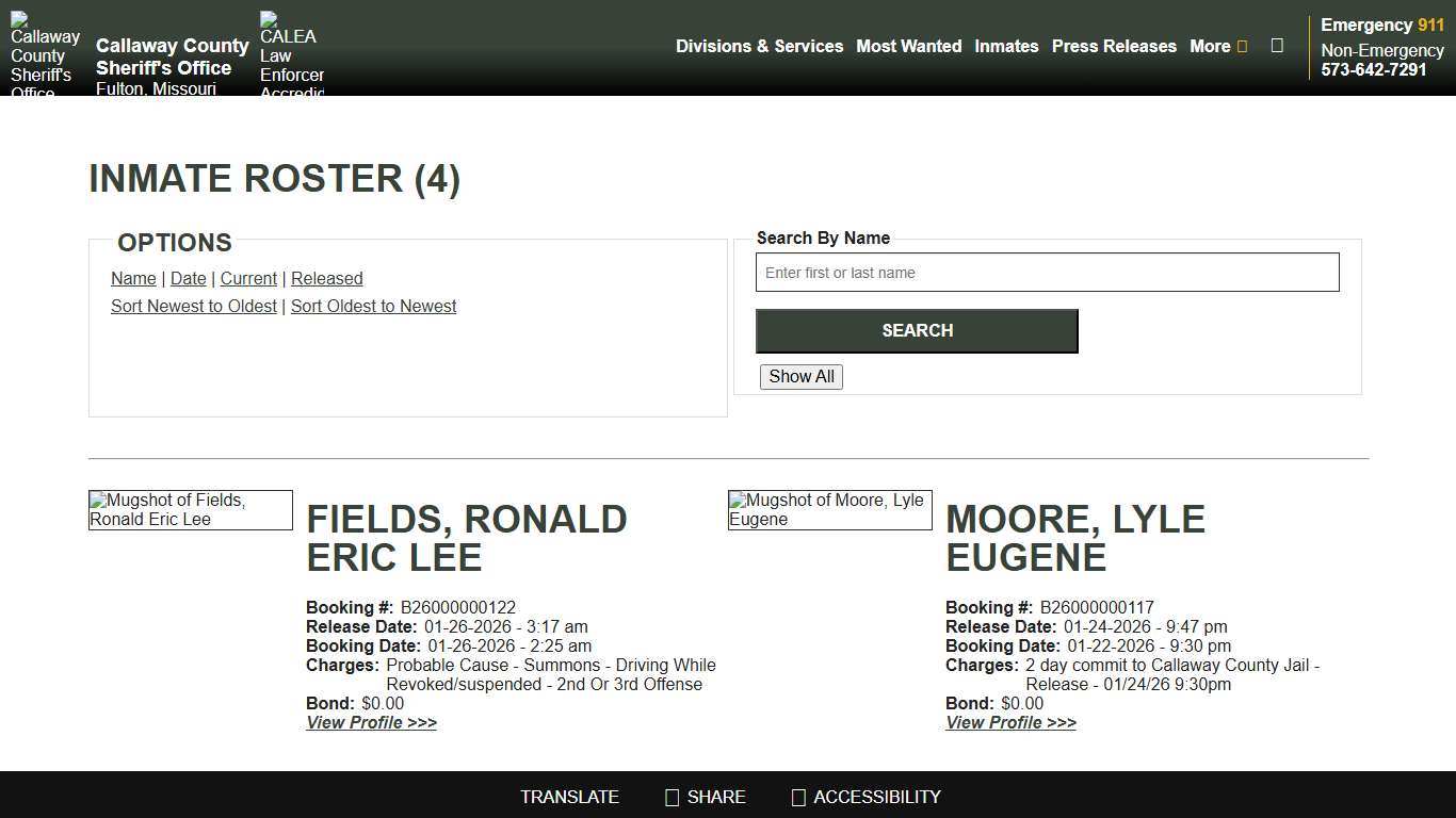Inmate Roster - Released Inmates Booking Date Descending - Callaway County Sheriff's Office, Missouri