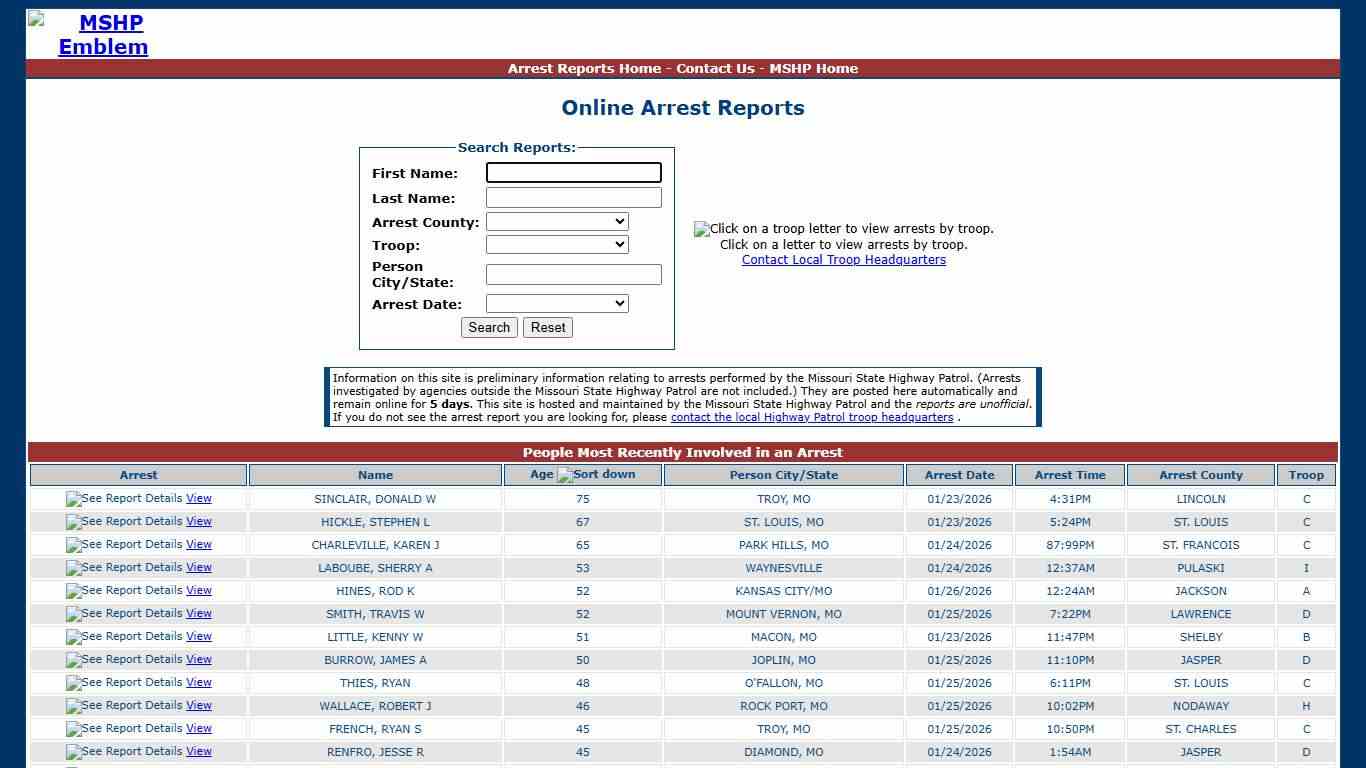 Missouri State Highway Patrol - Arrest Reports